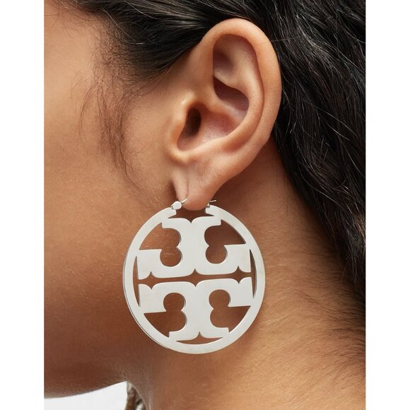 Tory Burch Miller Statement Logo Hoop Earrings Silver OS - Picture 2 of 9